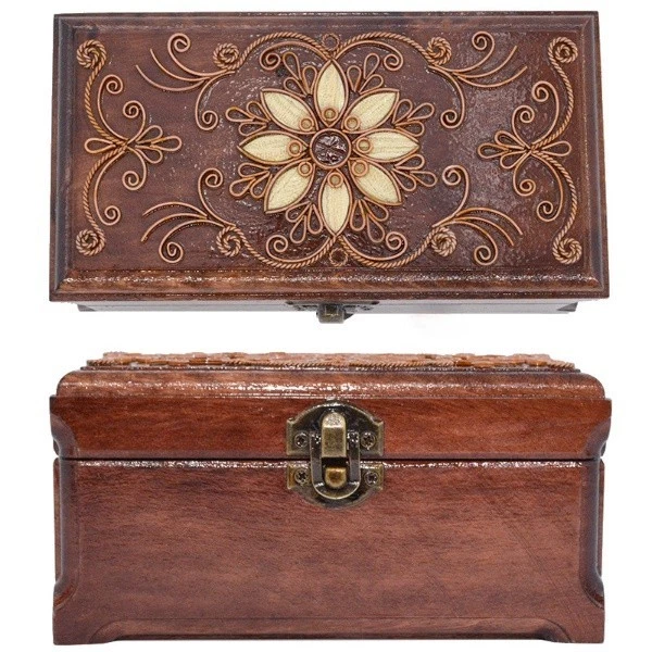 Handmade Carved Wooden Jewelry Box with Copper Inlay "Flower" – Gift Idea, Free - Image 3 of 3