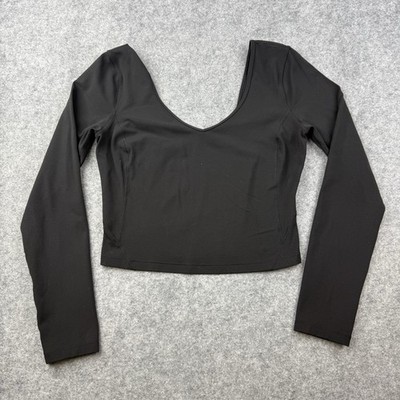 Lululemon Solid Black Align Crop Top Long Sleeve V Neck Nulu Sz 6 Small