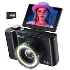 4K Digital Camera for Photography,4K Camera with Ring Light 180 Flip Screen Cam