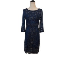 Sue Wong Nocturne Cocktail Dress 4 Navy Beaded Ribbon Embroidery Mesh wedding