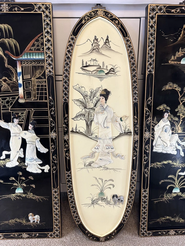 Vintage Set of 3 Wood & Mother of Pearl Wall Panels Japanese Geisha Lacquered - Image 3 of 4
