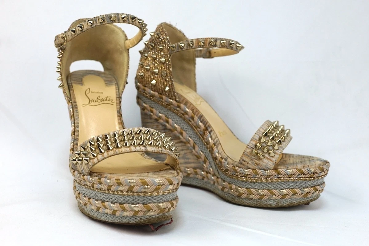 Christian Louboutin — Christian Louboutin Madmonica Wedge Heel Sandals Spiked Studs Beige 36 Women