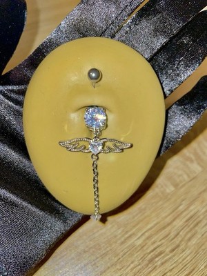 Silver Wing Crystal Barbell Round Gem Lobe Belly Button Piercing Body Jewelry