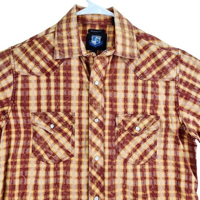 RU Rock & Roll Denim Western Shirt Mens M Burgundy Plaid Pearl Snap Cowboy Style