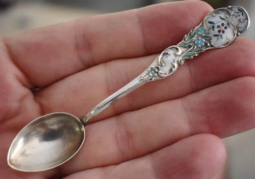 LOVELY ANTIQUE ART NOUVEAU STERLING SILVER FLORAL ENAMELED DEMITASSE SPOON #3