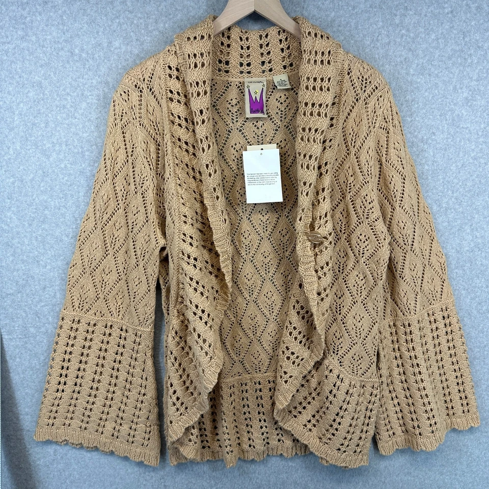 Vintage Antthony Original Sweater Womens Small Tan Crochet One-Button Cardigan - Image 3 of 4