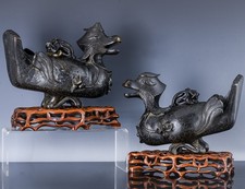 LARGE PAIR CHINESE ARCHAIC BRONZE MANDARIN DUCK CENSERS STANDS MING QING DYNASTY
