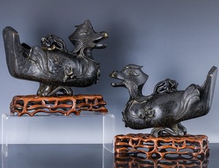 LARGE PAIR CHINESE ARCHAIC BRONZE MANDARIN DUCK CENSERS STANDS MING QING DYNASTY