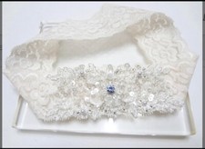 Bridal Garter White Lace With Blue Accent Crystal Appliqu , Wedding Garter