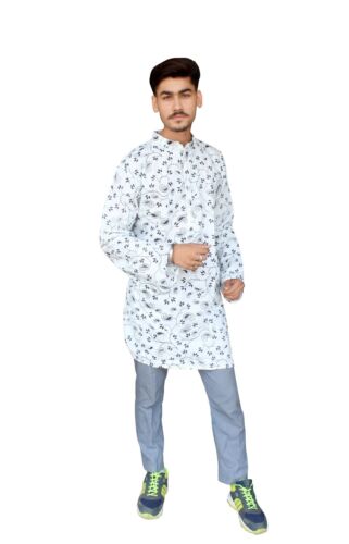 Indyjska męska Kurta paisley biała tunika odzież imprezowa casual etniczna bawełniana koszula - Zdjęcie 1 z 4
