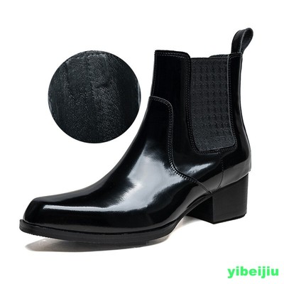 Mens Chelsea Boots Real Shiny Leather Ankle Shoes High Top Square Toe Warm Dress