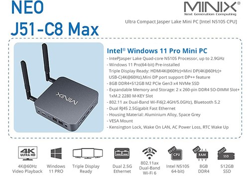 Mini PC MINIX J51-C8 Max, Intel N5105 4Core Max 2,9GHz,8GB RAM 512GB SSD/8GB DDR4 - Imagen 4 de 14