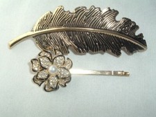 VINTAGE ETCHED METAL LEAF BARRETTE  FLOWER BOBBY PIN