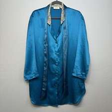 Vtg Victoria s Secret Gold Label Satin Blue Oversized Sleep Shirt Lace Collar PS