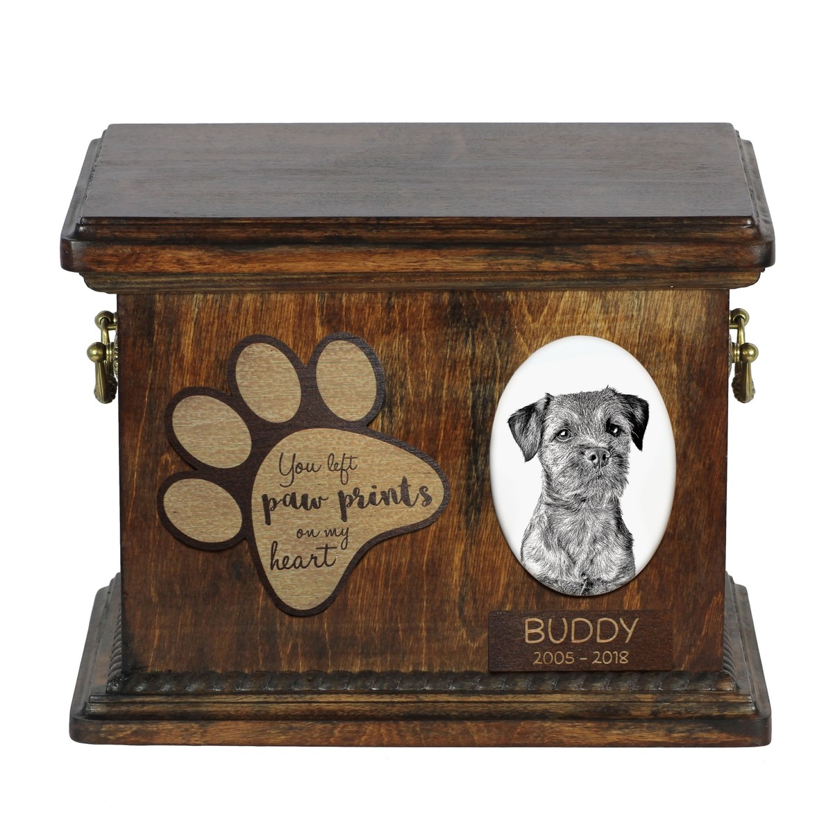 Border Terrier Urn for dog's ashes with ceramic plate