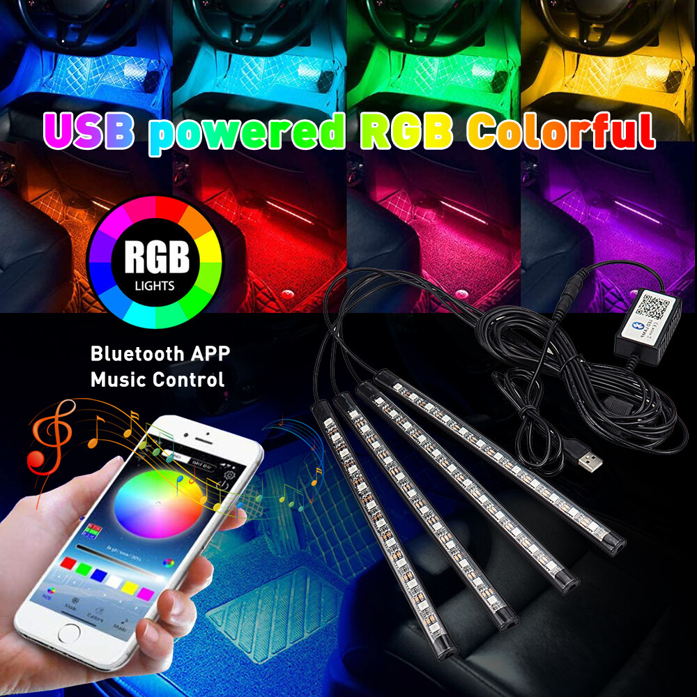 4X 48LED RGB Car Interior Atmosphere Light Strip Bar Bluetooth APP Music Control