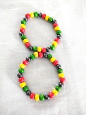 Rasta Red Yellow Green and Hematite Beads on Stretch Elastic Set of 2 Bracelets
