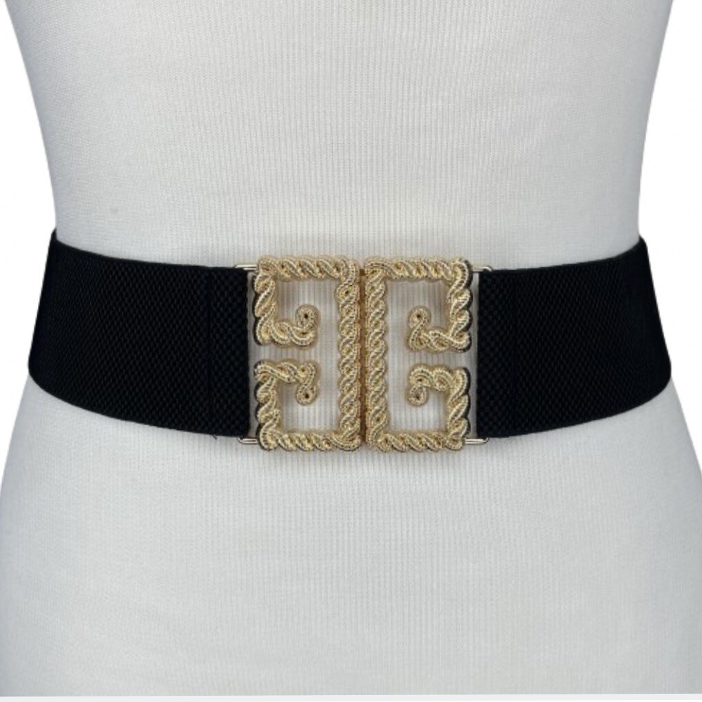 Black Elastic Nurses Belt Gold Buckle M 27-36” Wide Stretch  display picture 3