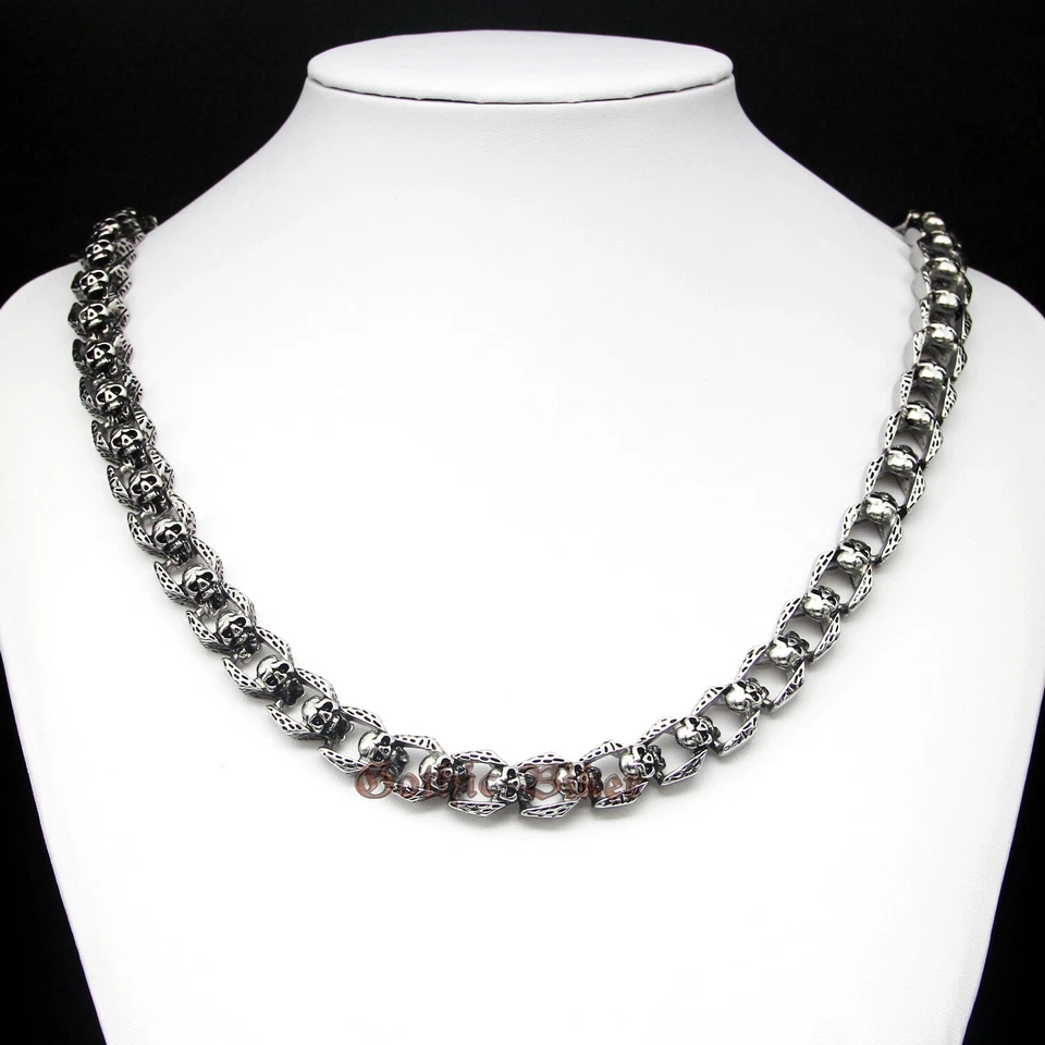 Collar de eslabones de calavera PESADO gótico basculante cadena de acero inoxidable joyería de motociclista para hombre Foto 2 de 4