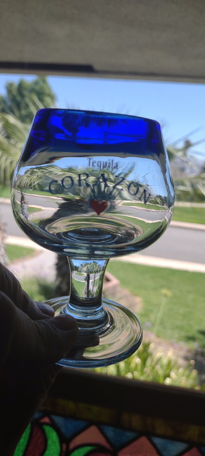 6) CORAZON TEQUILA Brandy SNIFTER Goblets 5oz Hand Blown 4" BLUE RIMMED
