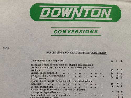 DOWNTON AUSTIN 1800 TWIN CARBURETTOR CONVERSION BROCHURE LEAFLET CIRCA 1966 - Picture 2 of 2