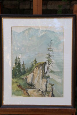 Watercolour Mountains Alps Bavaria Valley Landscape Panorama Framed 1970s