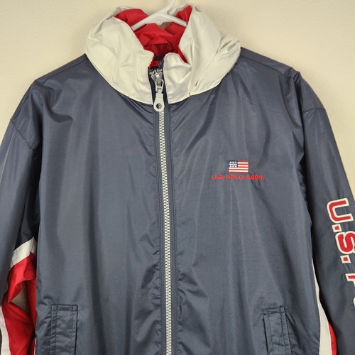 Vintage US Polo Assn Mens Jacket Windbreaker Full Zip Hooded Logo Blue Red SZ M - Picture 3 of 12