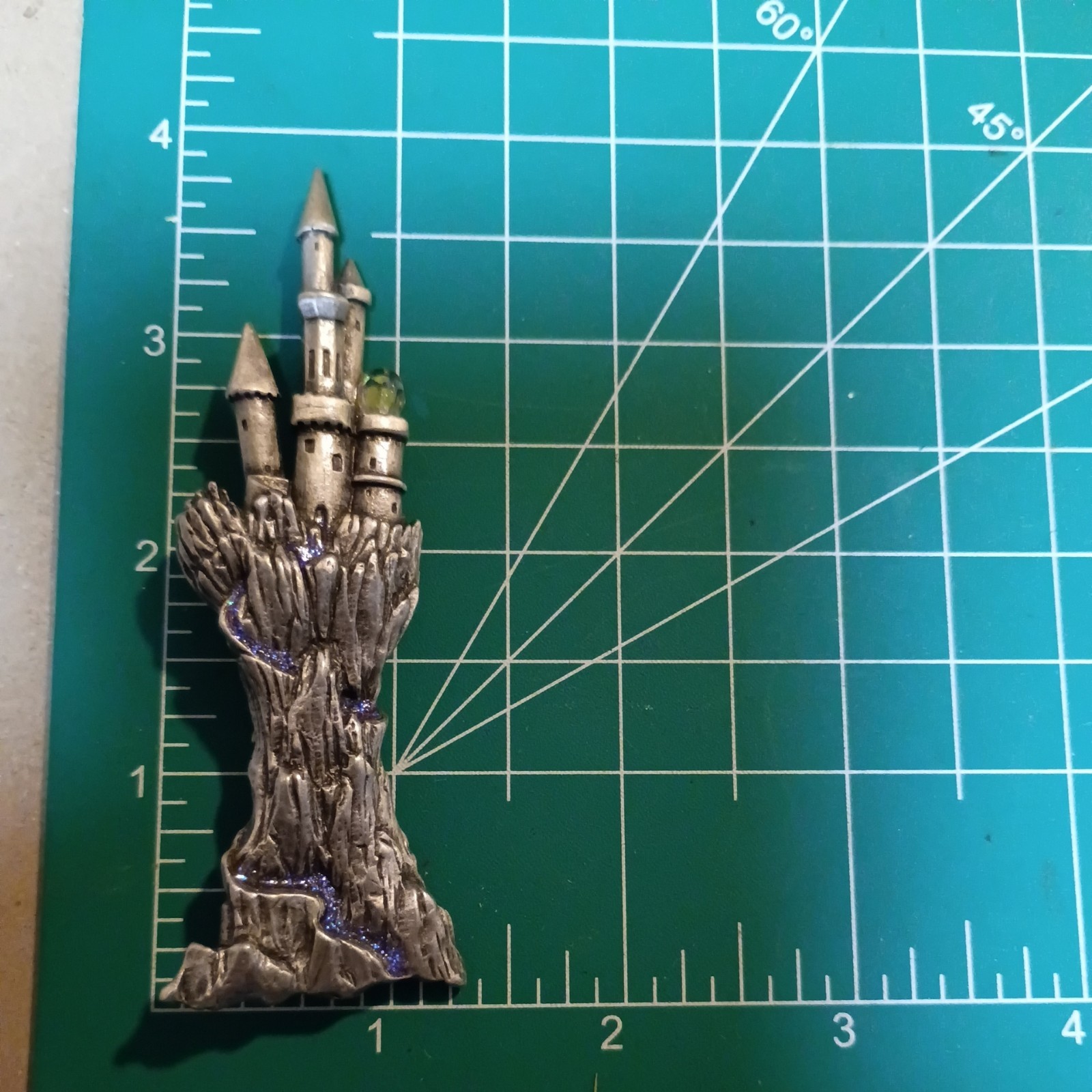 Vintage JJ Jonette Jewelry Castle Brooch Pin Pewter Silver Tone w/ Crystal
