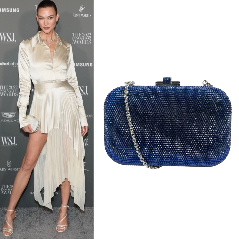 Bolso sin asas Judith Leiber Minaudiere con caja de bloqueo deslizable de cristal azul marino plateado para mujer