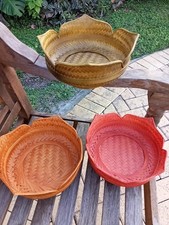 3 Beautiful Vintage Woven Wicker Basket Uniquely Shaped And Multicolored.