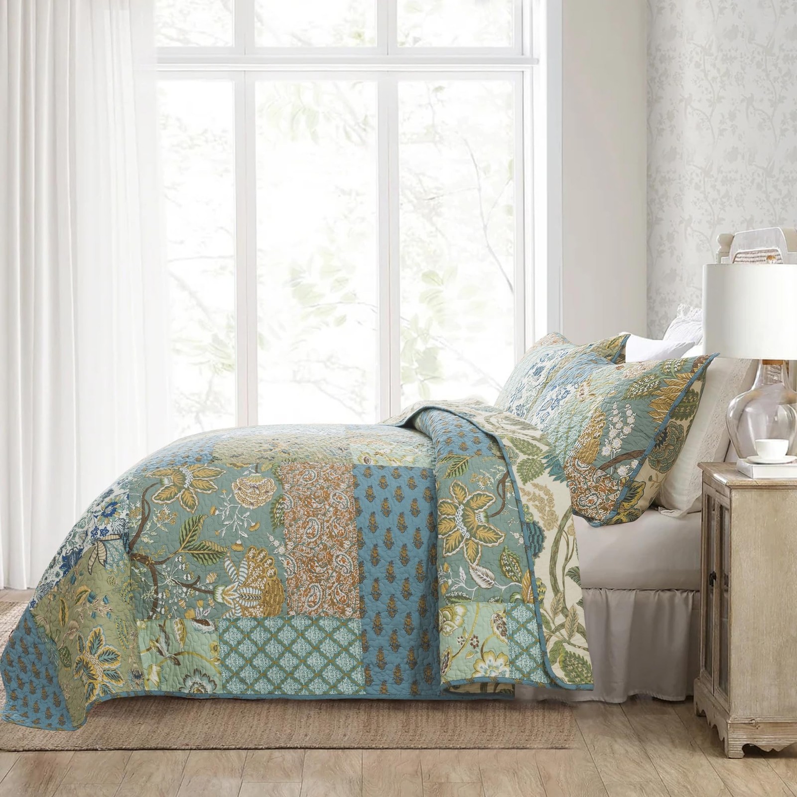 NEWLAKE Quilt Set Twin Size, 100% Cotton Patchwork Green Bohemian Quilt Sets,...