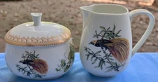 Mottahedeh Greater Bird of Paradise Creamer and Covered Sugar Bowl Mint!