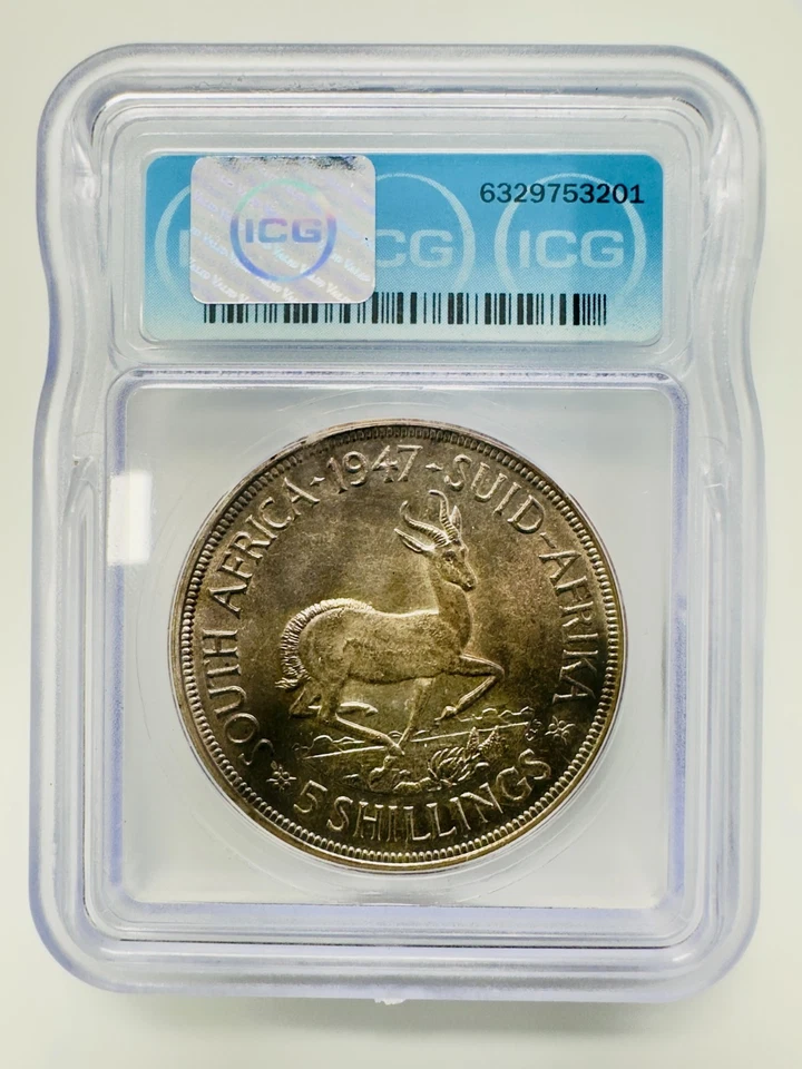 Sudáfrica 1947 5 chelines - George VI Rex Imperator ICG MS64 KM#31 plata Foto 2 de 2
