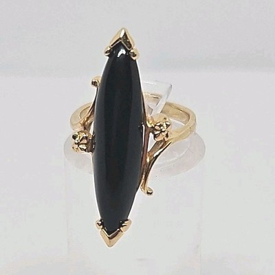 Vintage 10k Yellow Gold Onyx Cabochon Navette Ring Marquise Size 3.75 Pinky Ring
