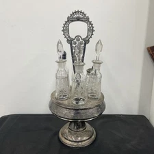 ANTIQUE ORNATE Victorian 6 Bottle Castor Cruet Set Silverplate Stand 18"