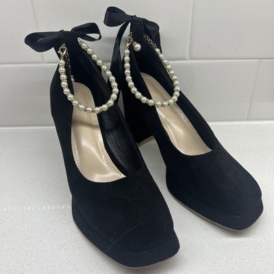Women s Black Velvet Sq Toe Block Heel Shoe Sz 9 Bow Tie Ankle Bracelet Pearls