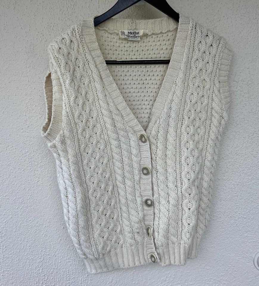Vtg Moffat Wollens Scotland Cable Knit Cream Button Up Sweater Vest Thick Medium