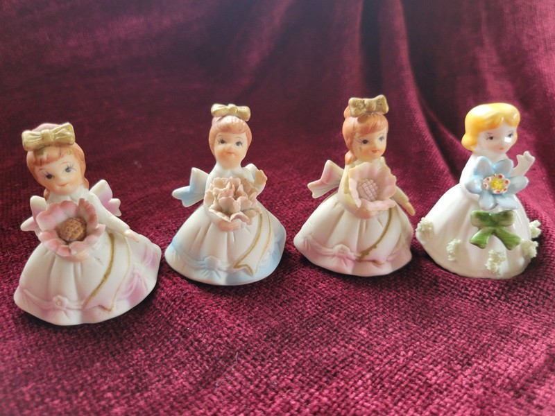 4 Vintage Bone China Bisque Napco Birthday Flower Girl Mini Figurine No Angel