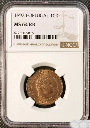 Portugal 1892 10 Reis Red Bronze ChBU Coin Carlos I 2nd graded NGC MS64RB 13/5