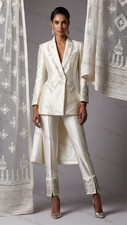 Beige Satin Women Office Suits Set 2 Pieces Blazer Pants Formal Business Jacket