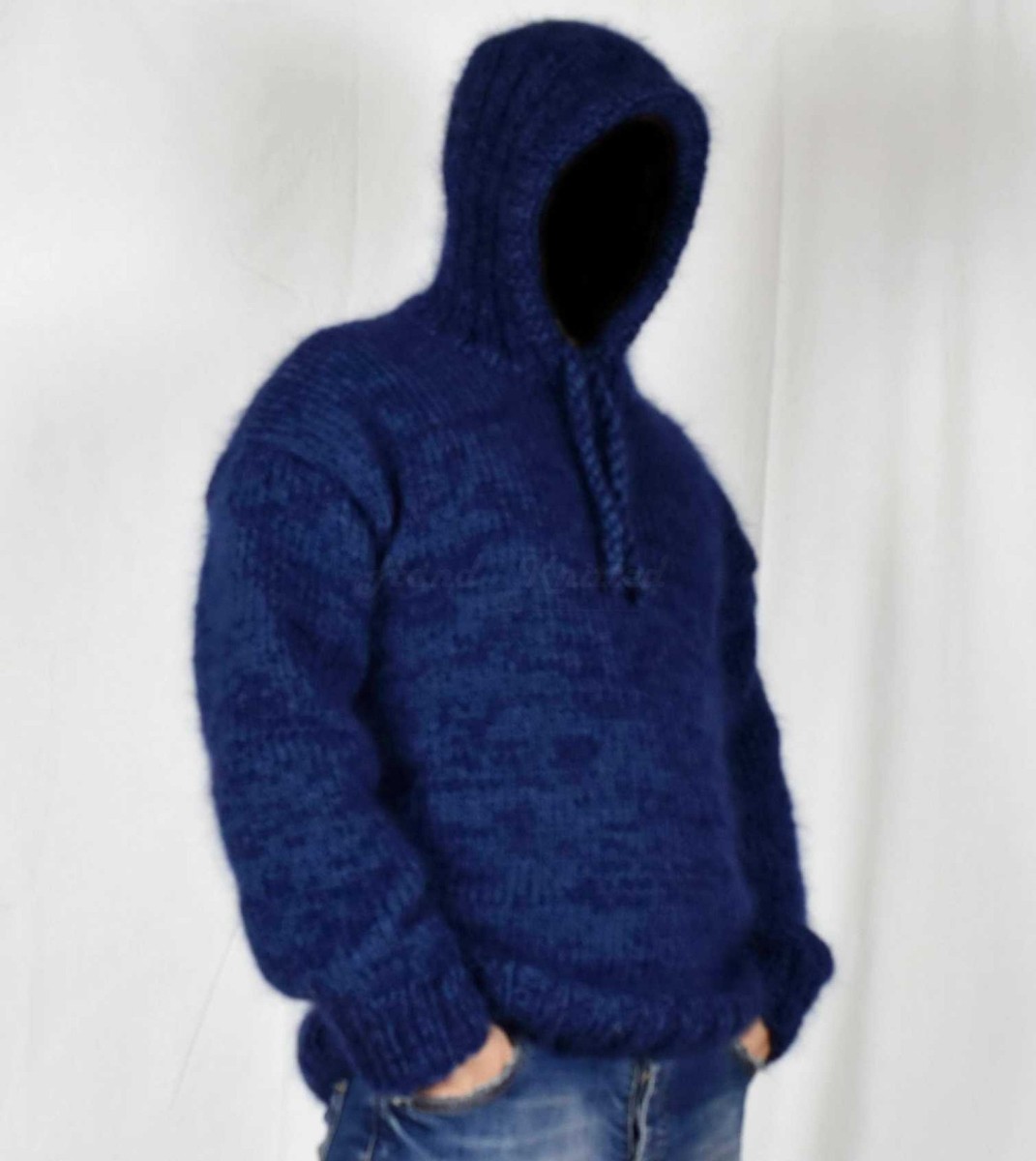 Hand knitted WOOL MOHAIR mens sweater with hoodie * soft Hand knitted WOOL MOHAIR mens sweater with hoodie * soft