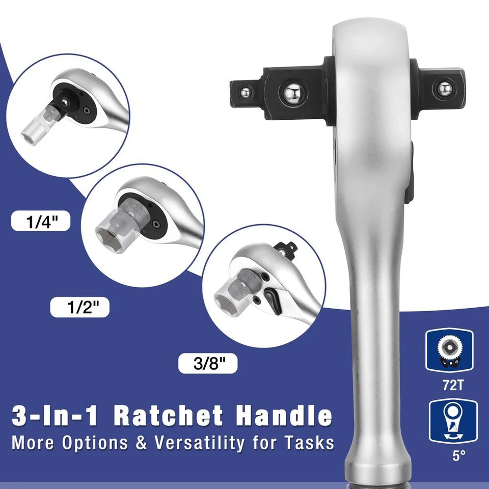 WORKPRO 22PC Socket Set 3-in-1 Ratchet Handle Socket Wrench 1/4" 3/8" 1/2" Drive - Image 2 of 4