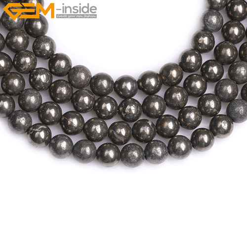 15" Natural Gray Pyrite Round Beads - Big Hole Loose Stone Jewellery Craft - Picture 11 of 34