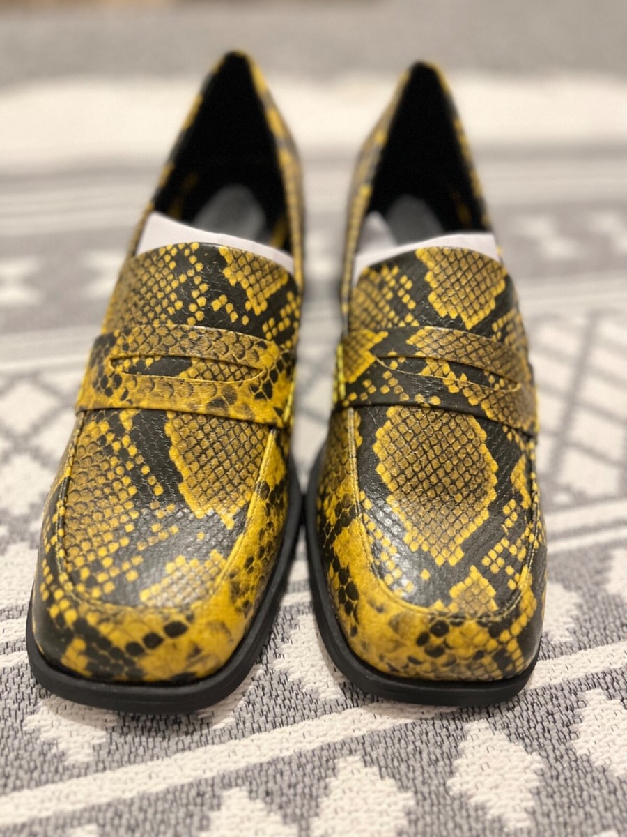New ASOS Snake Skin Yellow loafers Chunky heels Ladies Court Shoes