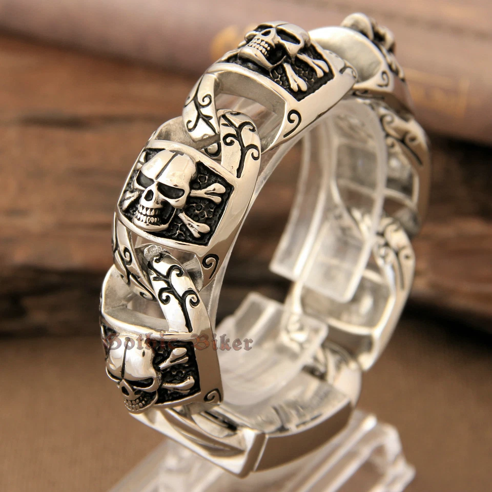 Men Heavy Pirate Skull Biker Motorcycle Chain Silver Stainless Steel Bracelet - Image 4 of 4