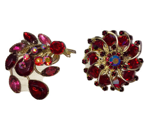 2 - VINTAGE RED PINK AB RHINESTONE NAVETTE BEAD STATEMENT PIN BROOCHES Unmarked - Picture 2 of 21