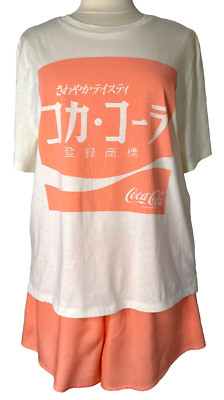H & M Divided Coca Cola Japanese Kanji Peach White T-Shirt w/Short Pants