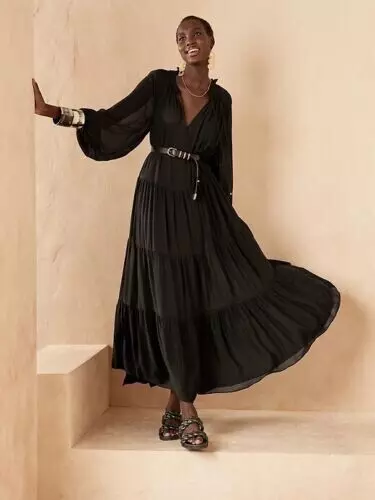 NWT Banana Republic Women RT 300 Black Georgette Tiered Maxi