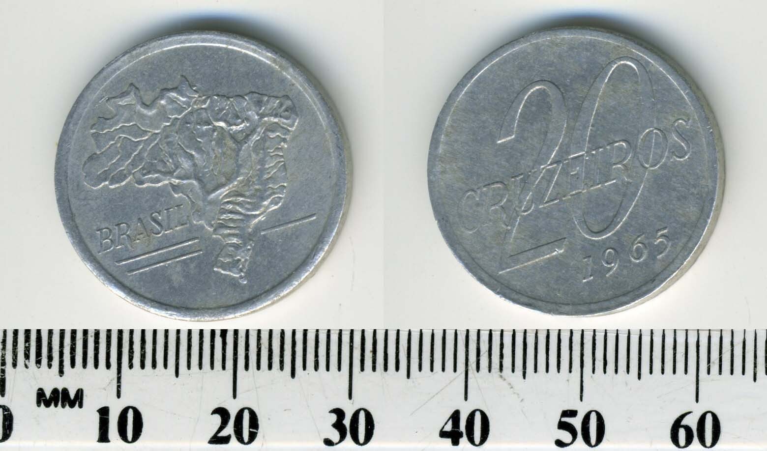 Brazil 1965 20 Cruzeiros Aluminum Coin Topographical map of Brazil