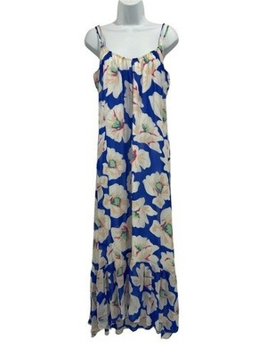 Tori Richard 100% Silk Hibiscus Floral Print Strappy Ruffle Hem Maxi Dress - 6